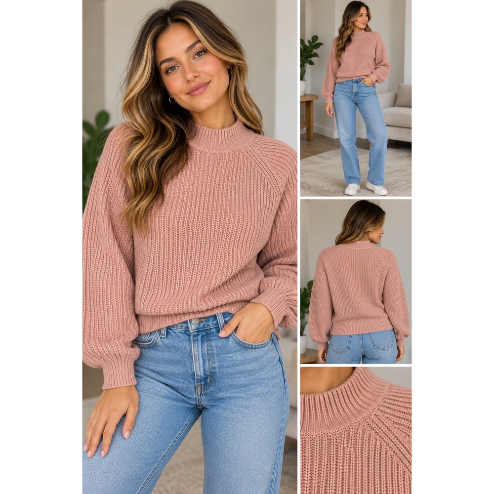 Gap Femme Shaker Sweater Desert Rose Mock Neck Cotton Knit Chunky L Pullover
